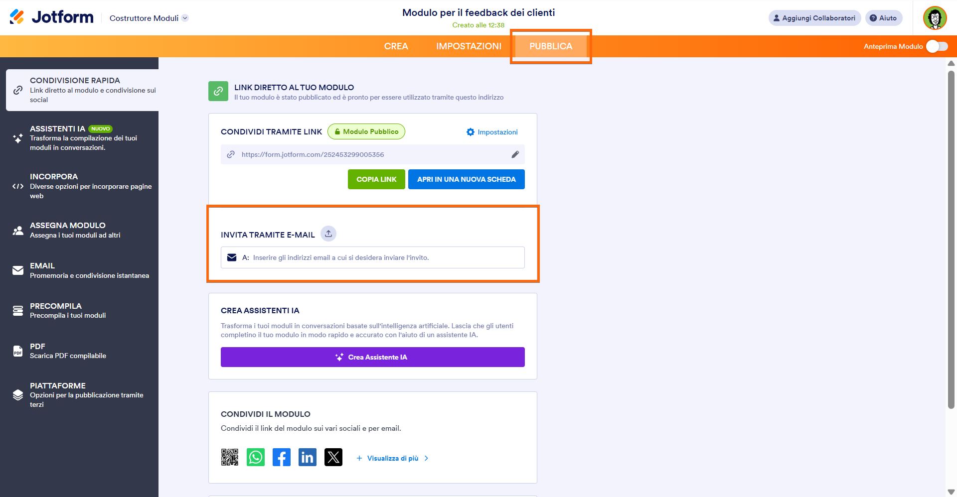 Screenshot che mostra le opzioni di pubblicazione nel Costruttore Moduli di Jotform, con le funzionalità per condividere un modulo