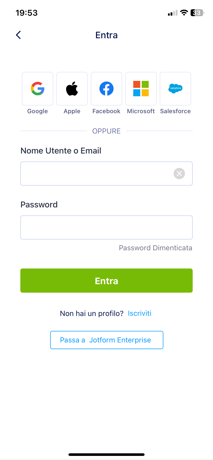 Screenshot della pagina di accesso dell'app Moduli per Dispositivi Mobili di Jotform che offre diverse opzioni di accesso e campi per nome utente o email e password