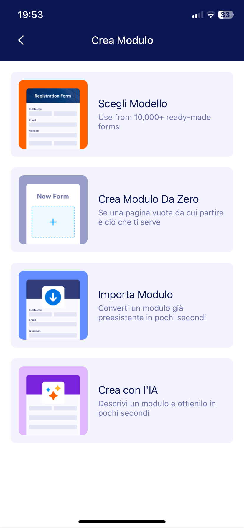 Uno screenshot mobile che mostra le opzioni per creare un modulo, tra cui iniziare da zero, utilizzare un modello, importare un modulo e crearne uno con l'IA