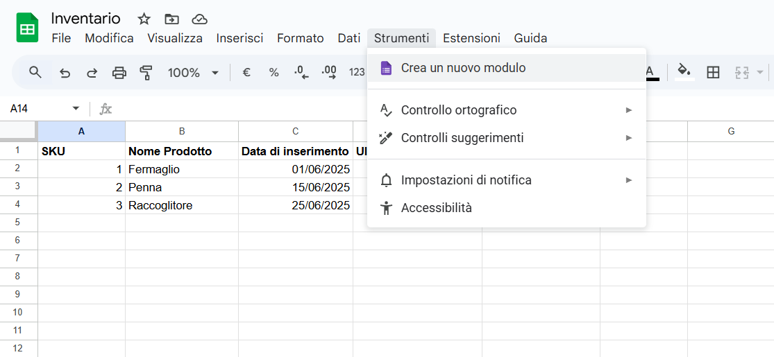 Screenshot di come creare un nuovo modulo tramite la scheda strumenti su Fogli Google