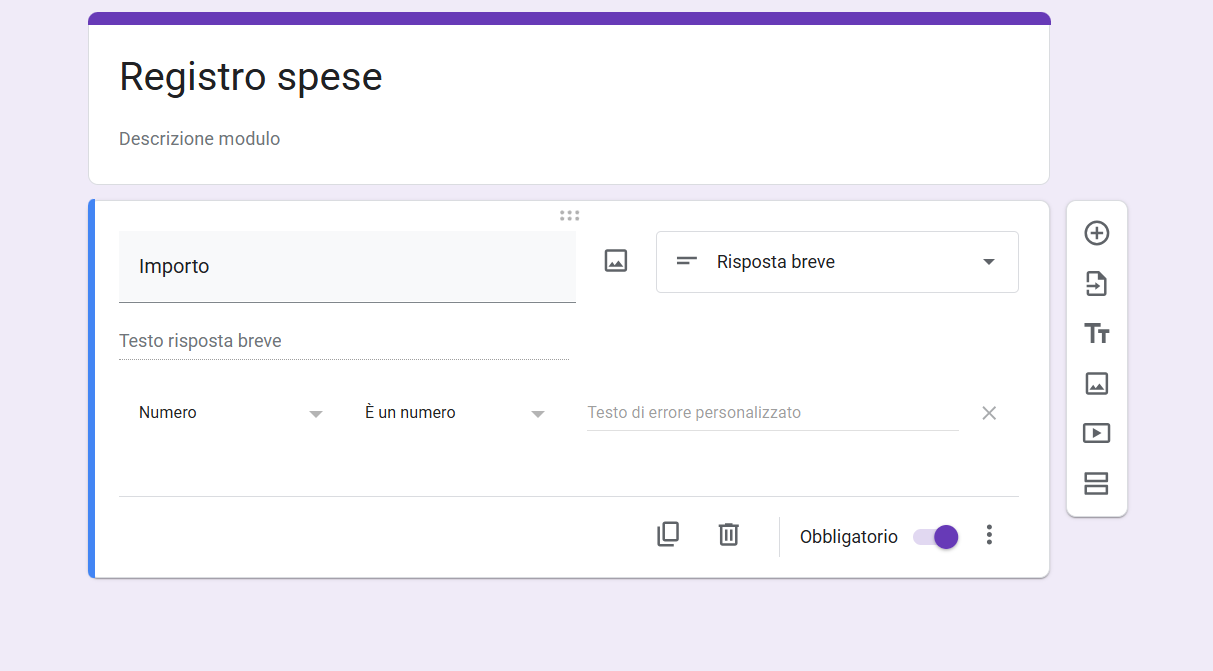 Screenshot di un modulo Google vuoto intitolato “Registro Spese” con un modello di domanda a risposta breve