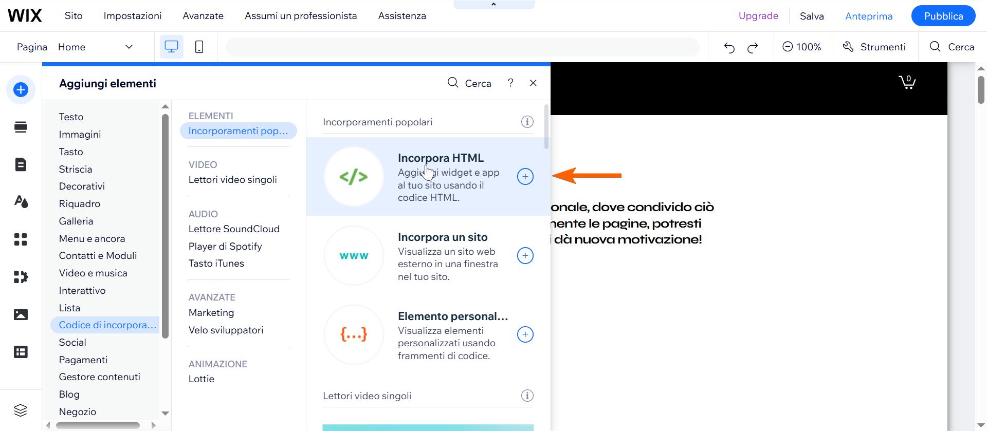 Freccia che indica l'opzione Incorpora HTML sotto alla colonna Incorporamenti popolari su Wix