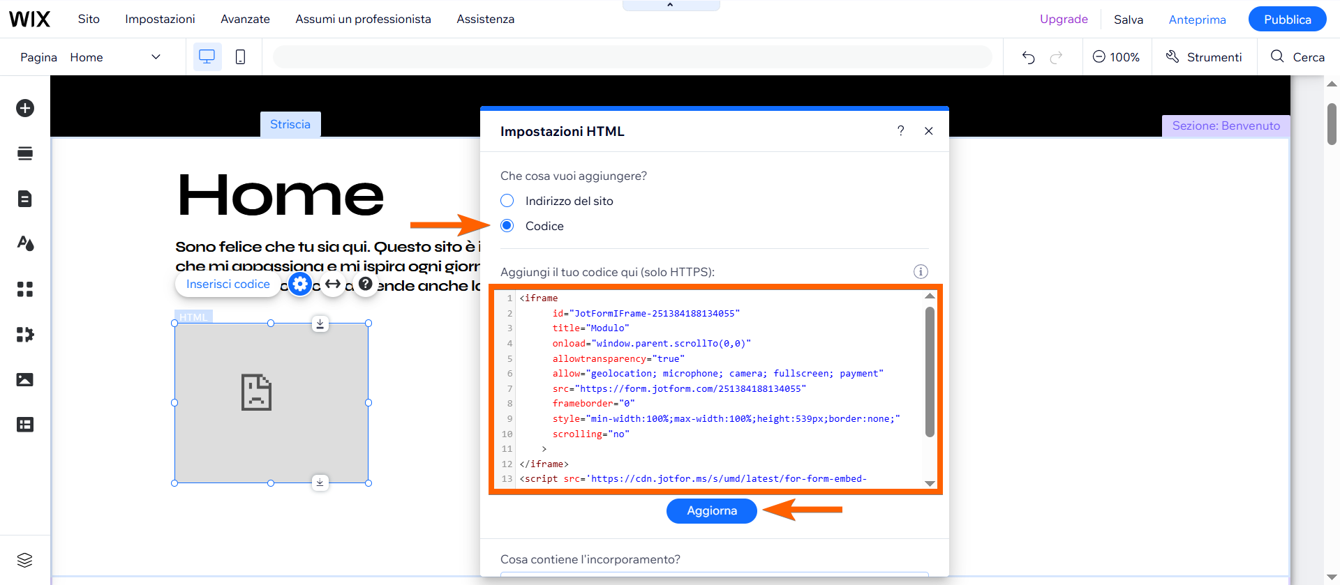 Screenshot di Wix con il menu “Impostazioni HTML” del blocco Codice di Incorporamento aperto
