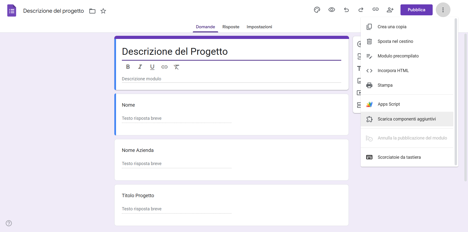 Modulo Google Forms con in evidenza l'opzione Scarica Componenti aggiuntivi