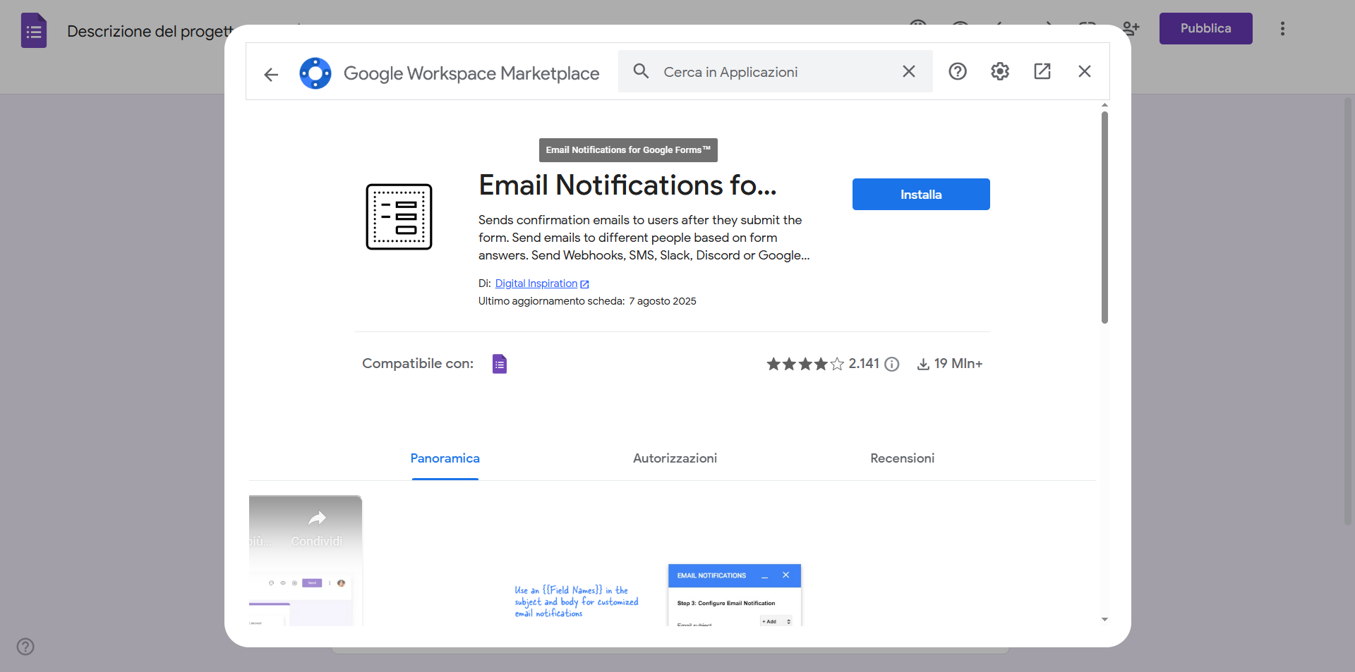 Screenshot del plug-in "Email Notifications for Google Forms™" su Google Workspace Marketplace