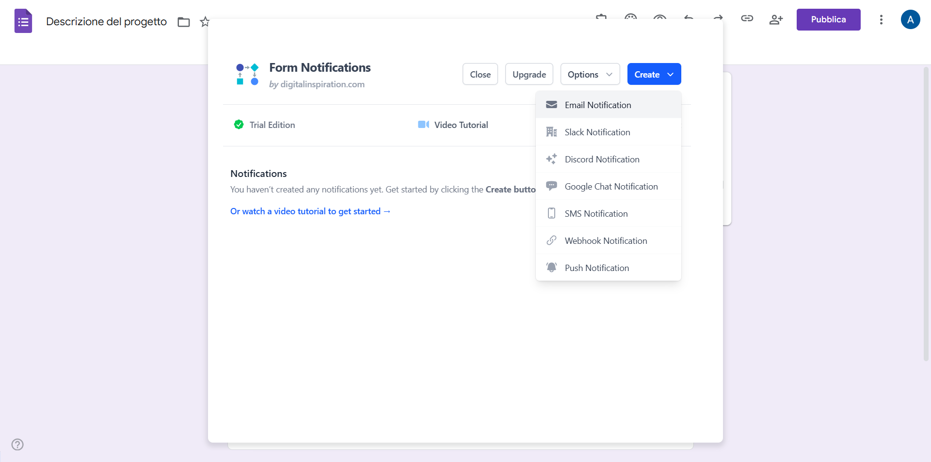 Screenshot del menu opzioni del componente aggiuntivo Email Notifications for Google Forms™