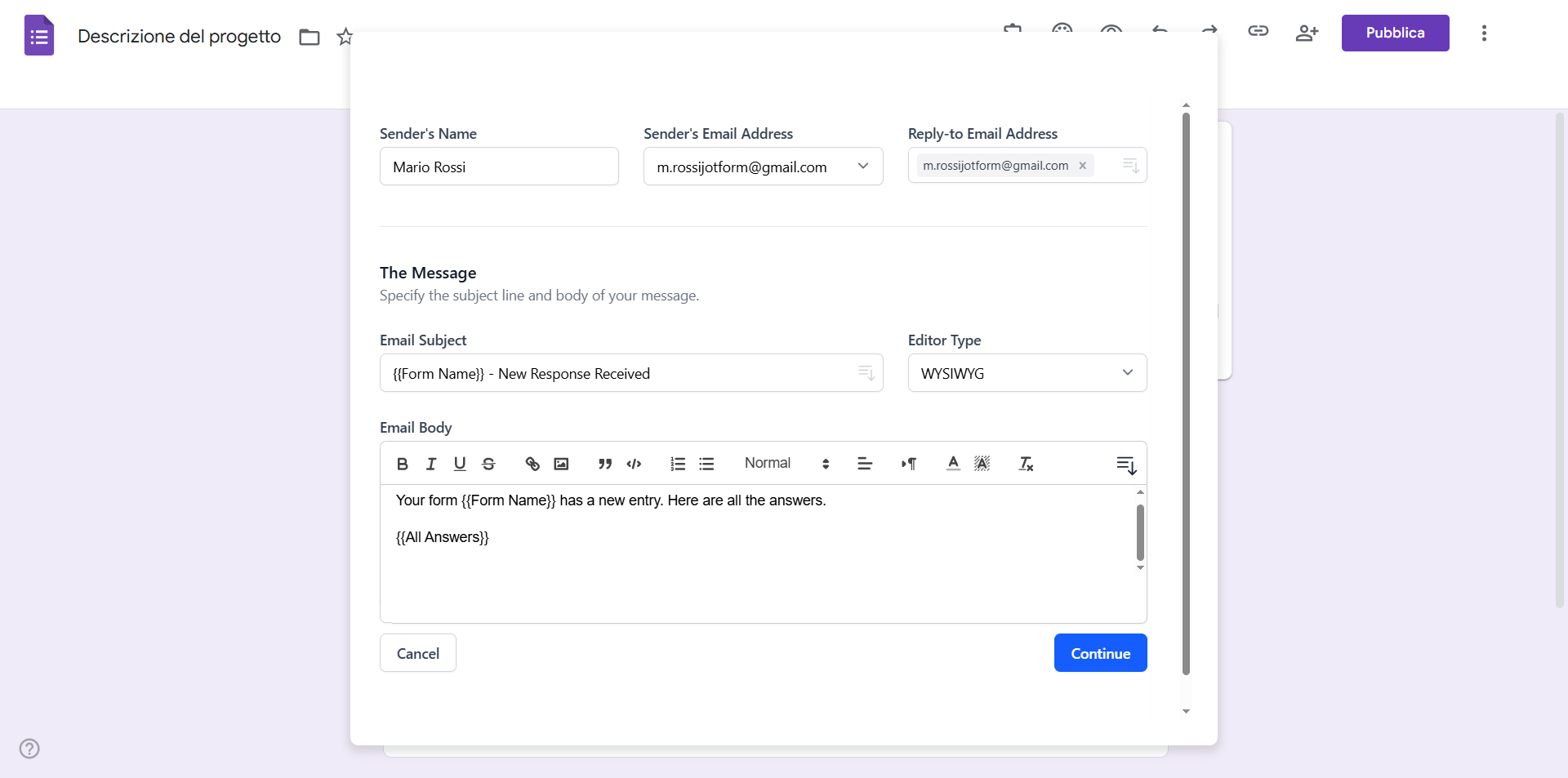 Screenshot dello strumento Notifiche Email per Moduli in uso su Google Forms