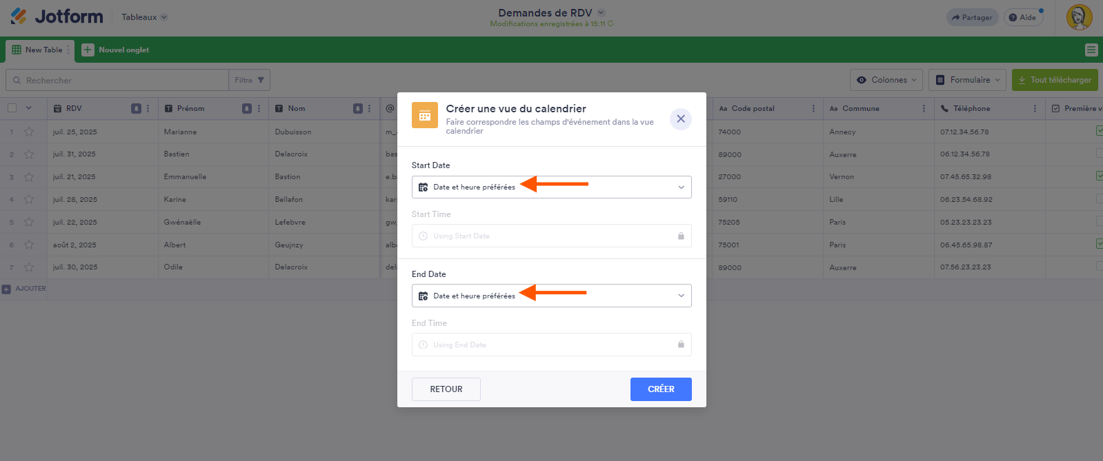 Capture d'écran des champs de formulaire de date de base sélectionnés dans le menu déroulant Date de début et Date de fin dans la fenêtre Créer une vue de calendrier dans les Tableaux Jotform