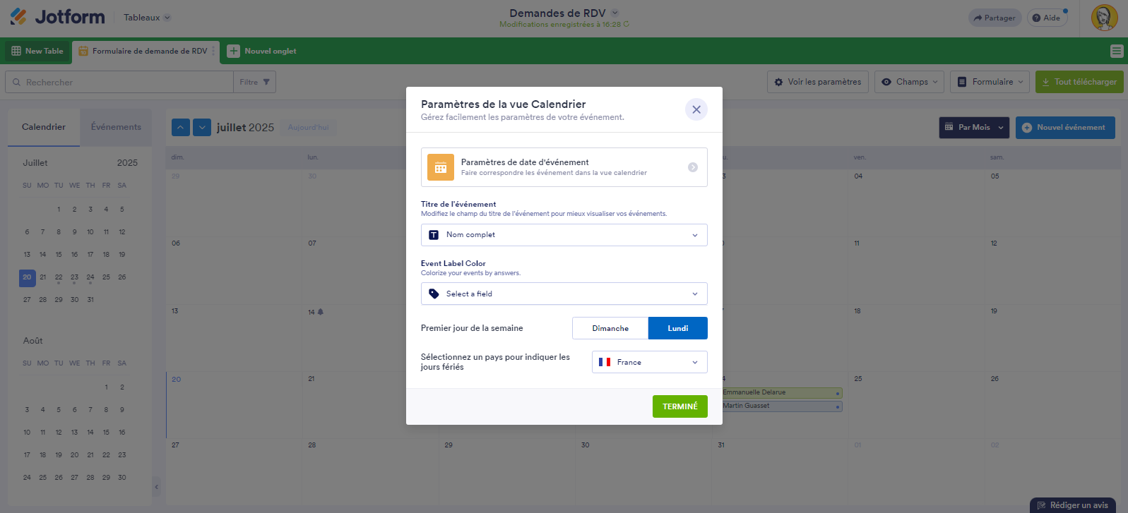 Capture d'écran de la fenêtre contextuelle Paramètres de la vue Calendrier dans les Tableaux Jotform