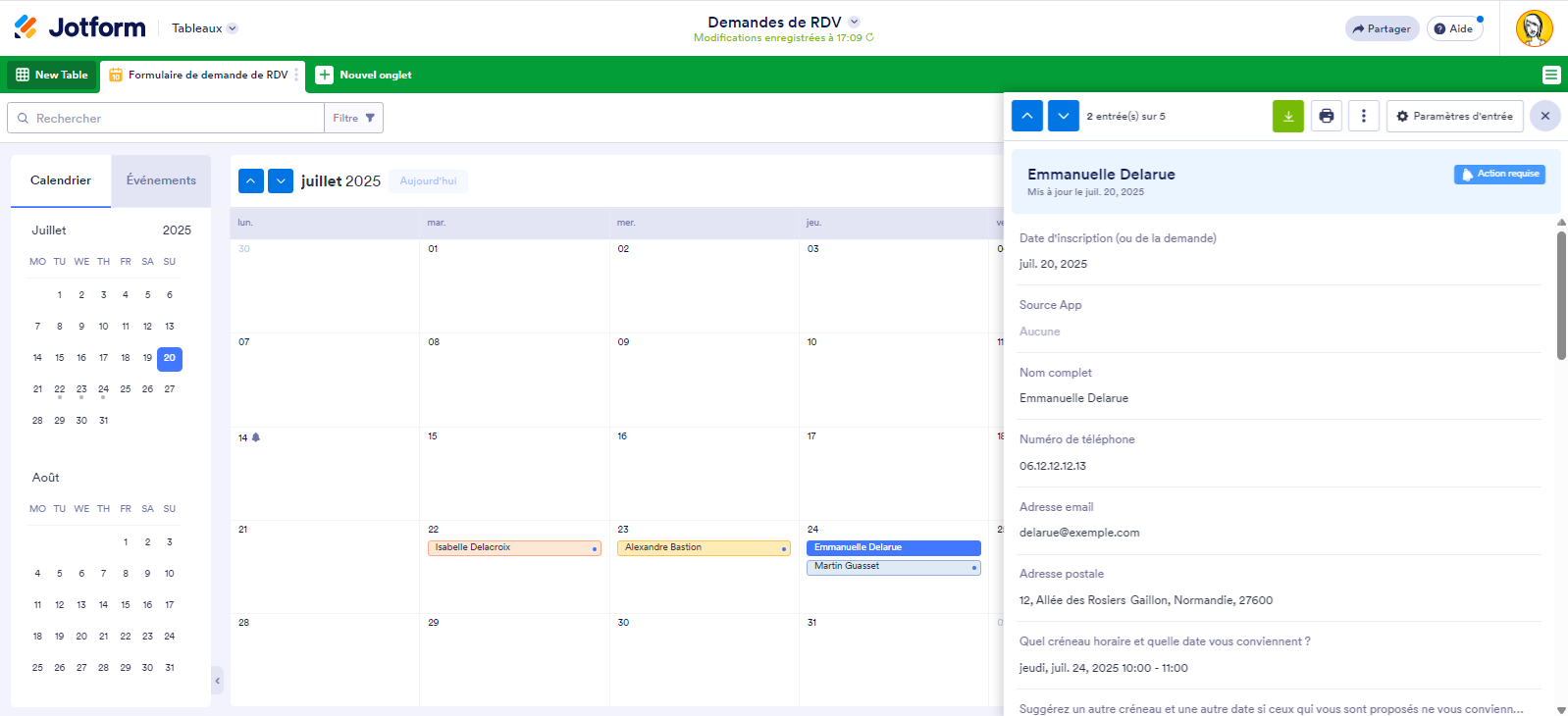 Capture d'écran des détails du rendez-vous dans le calendrier dans les Tableaux Jotform