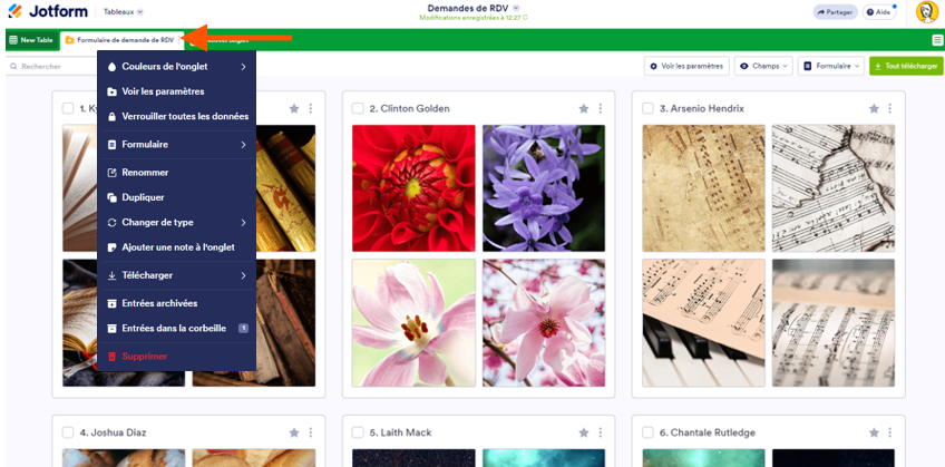 Capture d'écran du menu du nouvel onglet dans les Tableaux Jotform