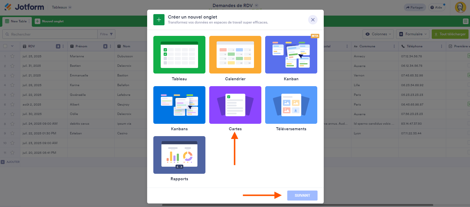 Capture d'écran de l'option Cartes dans la fenêtre contextuelle Nouvel onglet dans les Tableaux Jotform