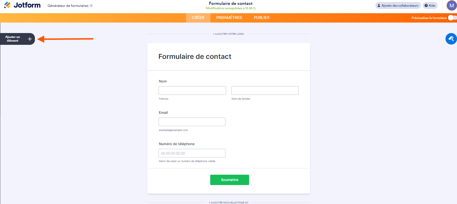 Capture d'écran d'un formulaire avec une flèche pointant vers le bouton Ajouter un élément dans le Générateur de formulaires Jotform