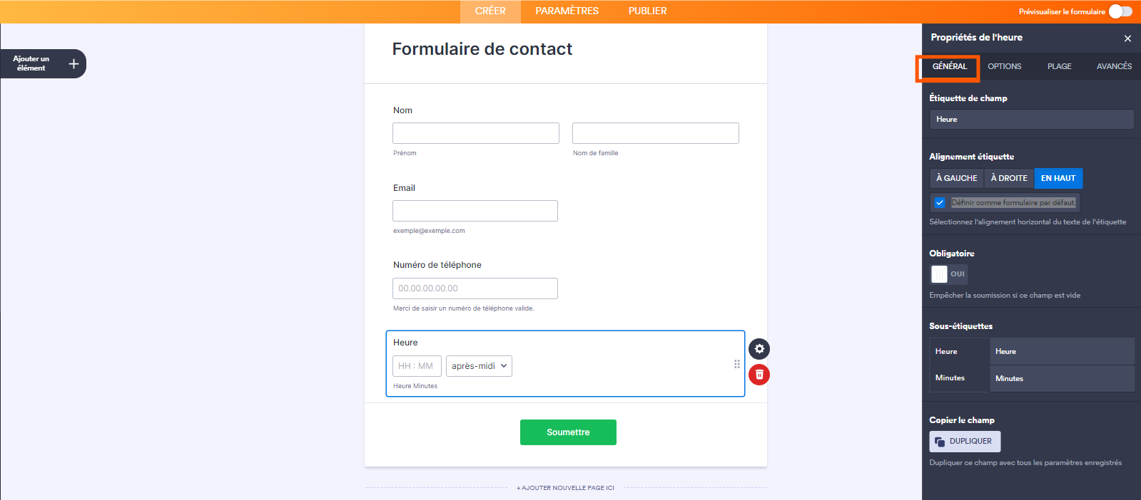 Capture d'écran de l'onglet Général des Propriétés du champ Heure dans le Générateur de formulaires Jotform