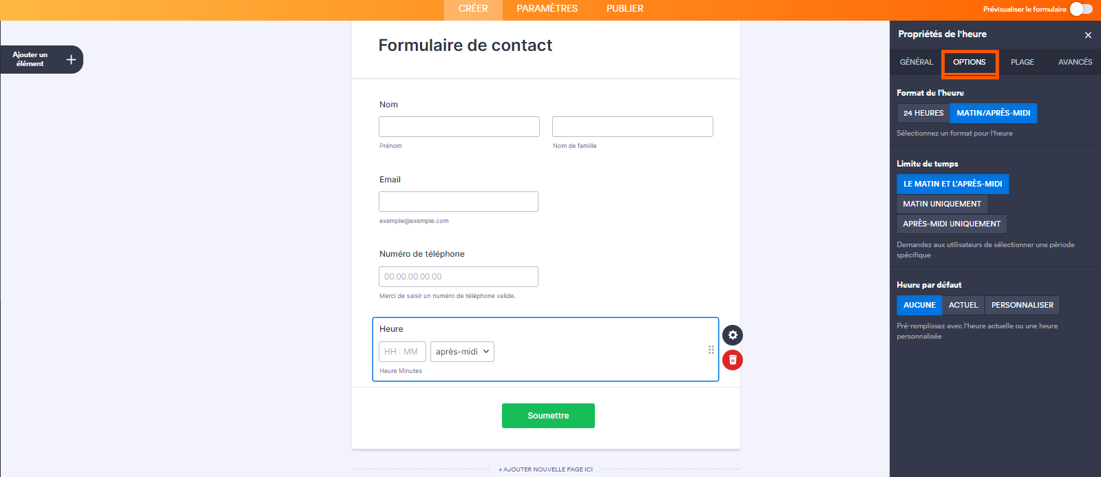 Capture d'écran de l'onglet Options des Propriétés du champ Heure dans le Générateur de formulaires Jotform