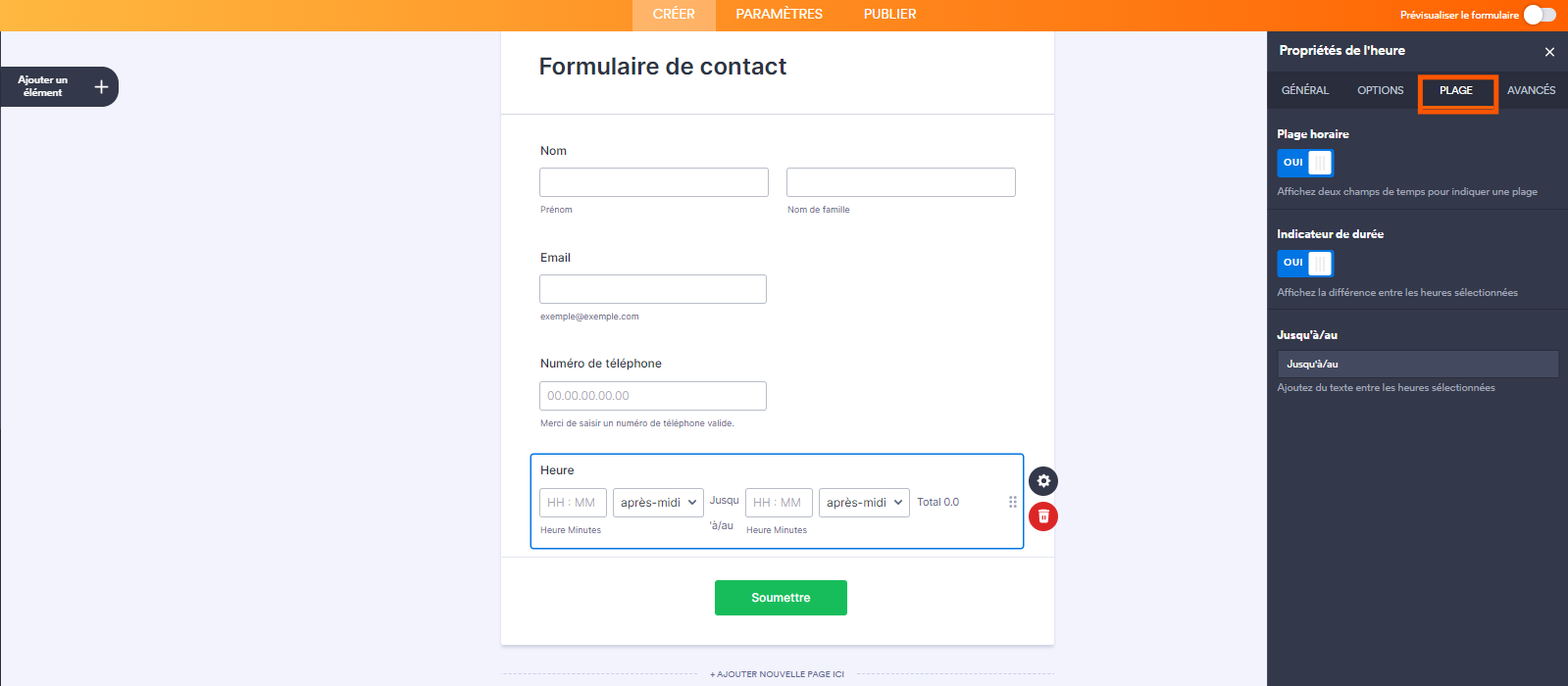 Capture d'écran de l'onglet Plage des Propriétés du champ heure dans le Générateur de formulaires Jotform