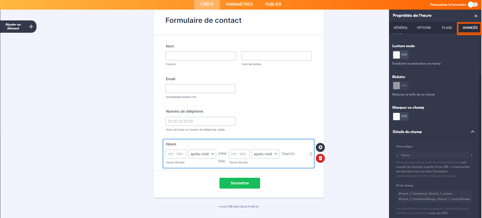 Capture d'écran de l'onglet Avancés des Propriétés du champs Heure dans le Générateur de formulaires Jotform