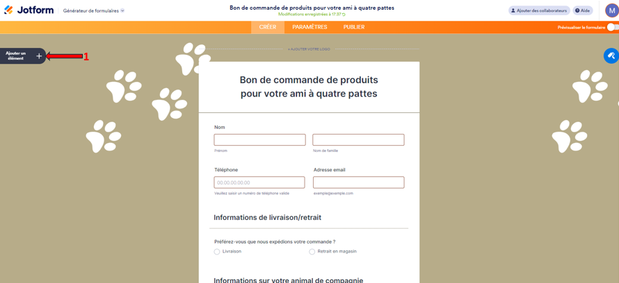Capture d'écran d'un formulaire avec une flèche et le numéro 1 pointant vers le bouton Ajouter un élément dans le générateur de formulaires Jotform