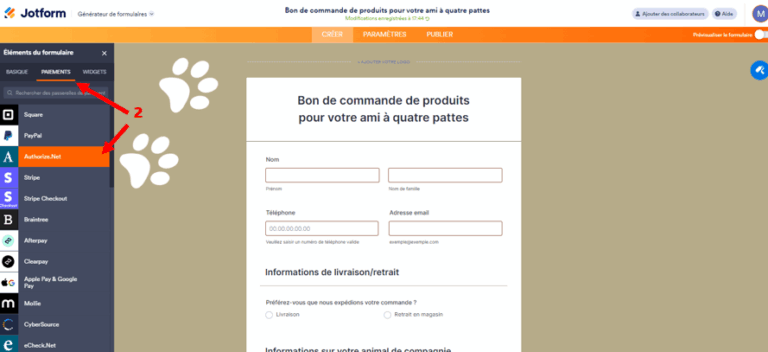 Capture d'écran du formulaire avec une flèche pointant vers l'onglet paiements et une autre pointant vers Authorize