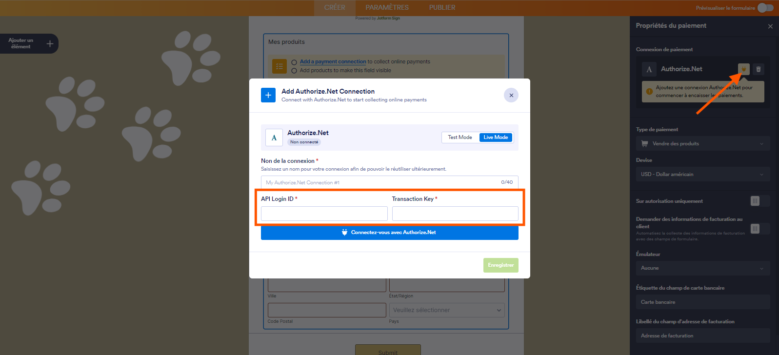 Capture d'écran de la fenêtre contextuelle pour connecter un compte Authorize