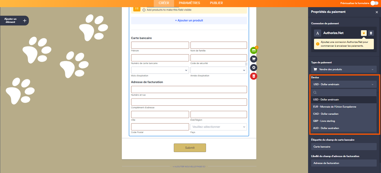 Capture d'écran du formulaire avec un encadré montrant les options Devise dans le volet propriétés du paiement à droite dans le Générateur de formulaires Jotform
