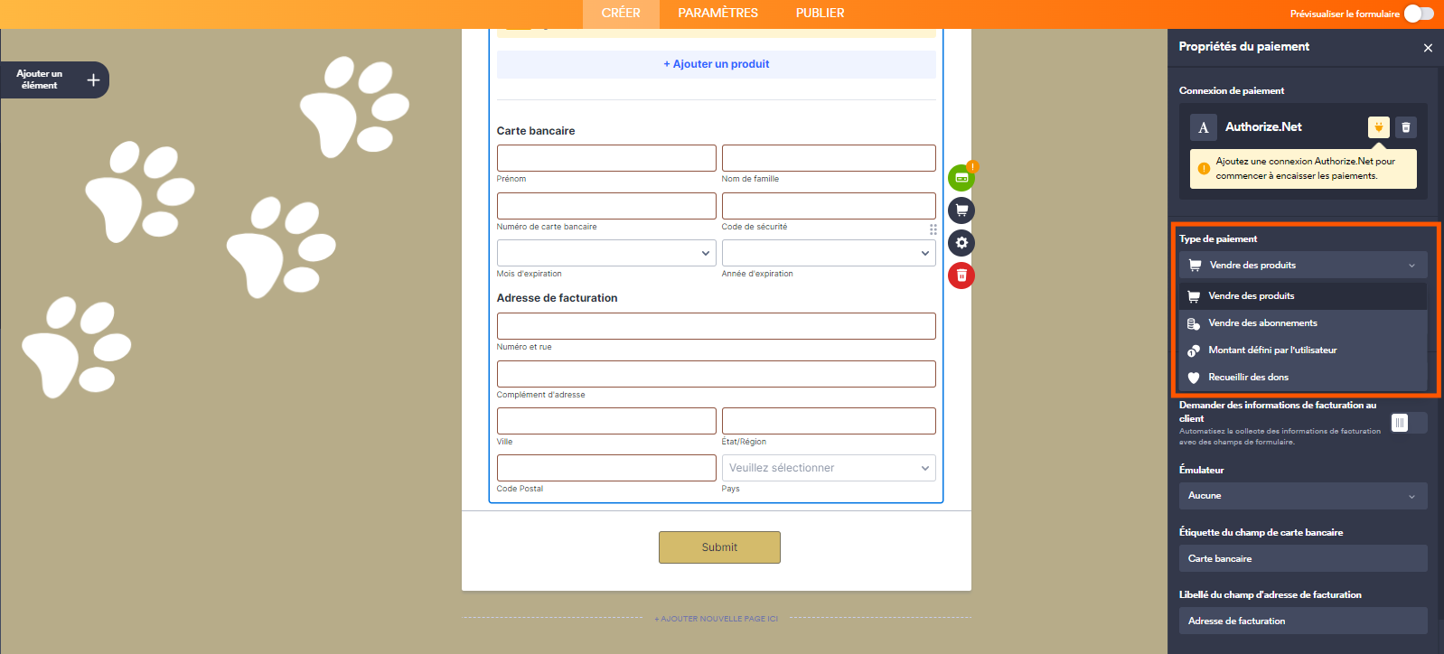 Capture d'écran d'un formulaire avec un encadré du menu Type de paiement dans le volet Propriétés du paiement dans le Générateur de formulaires Jotform