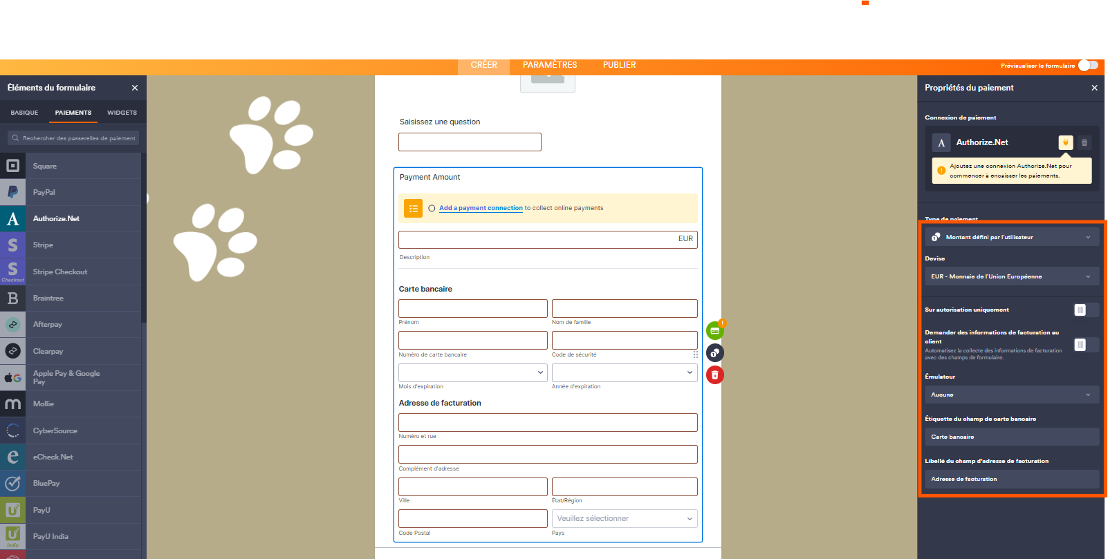 Capture d'écran du formulaire avec un encadré autour des paramètres de l'option Montant Défini par l'Utilisateur pour Authorize