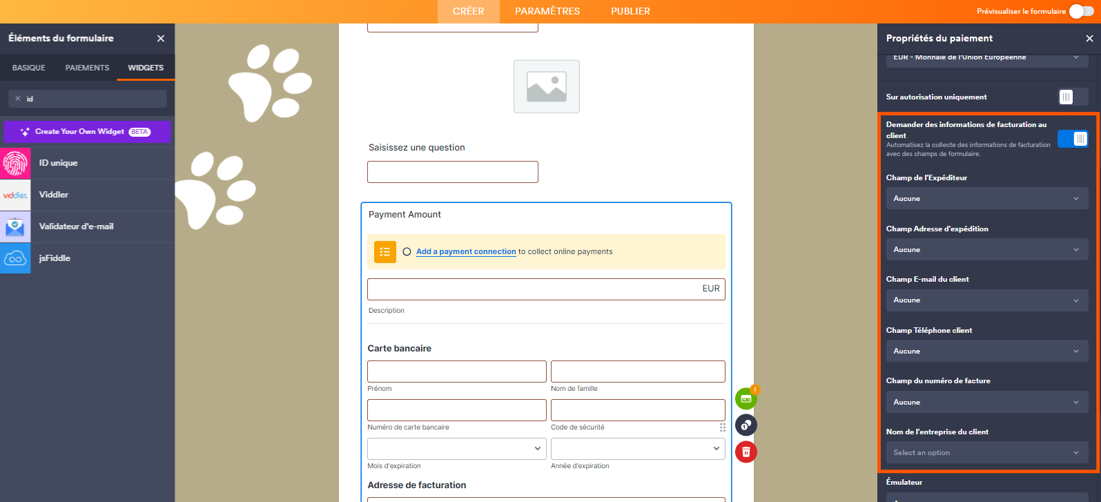 Capture d'écran du formulaire avec un encadré autour des la section des informations de facturation d'Authorize
