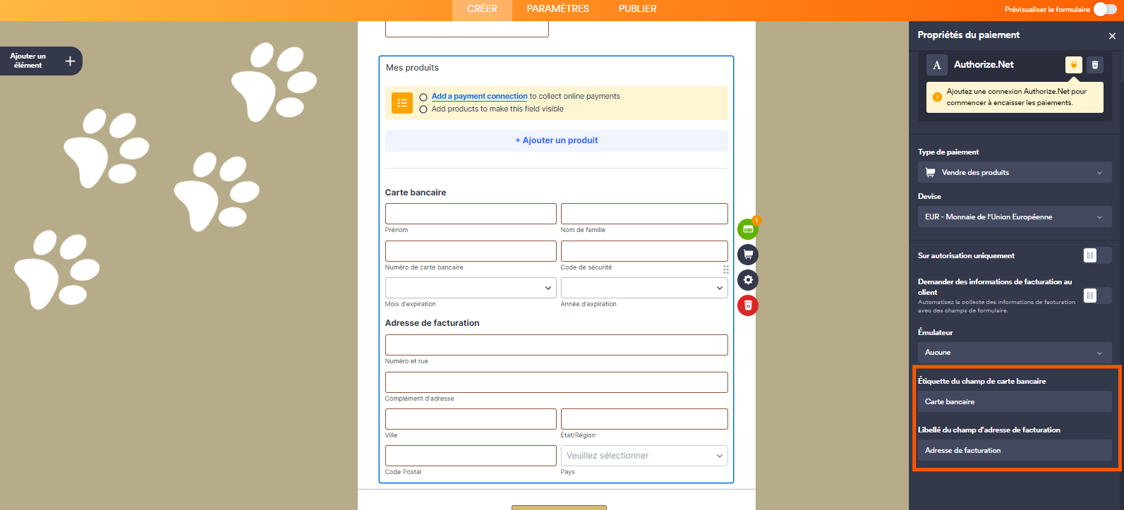 Capture d'écran du formulaire avec un encadré autour des Paramètres de l'étiquette du champ de carte bancaire et de l'étiquette du champ d'adresse de facturation de la section Propriétés de paiement dans le Générateur de formulaires Jotform