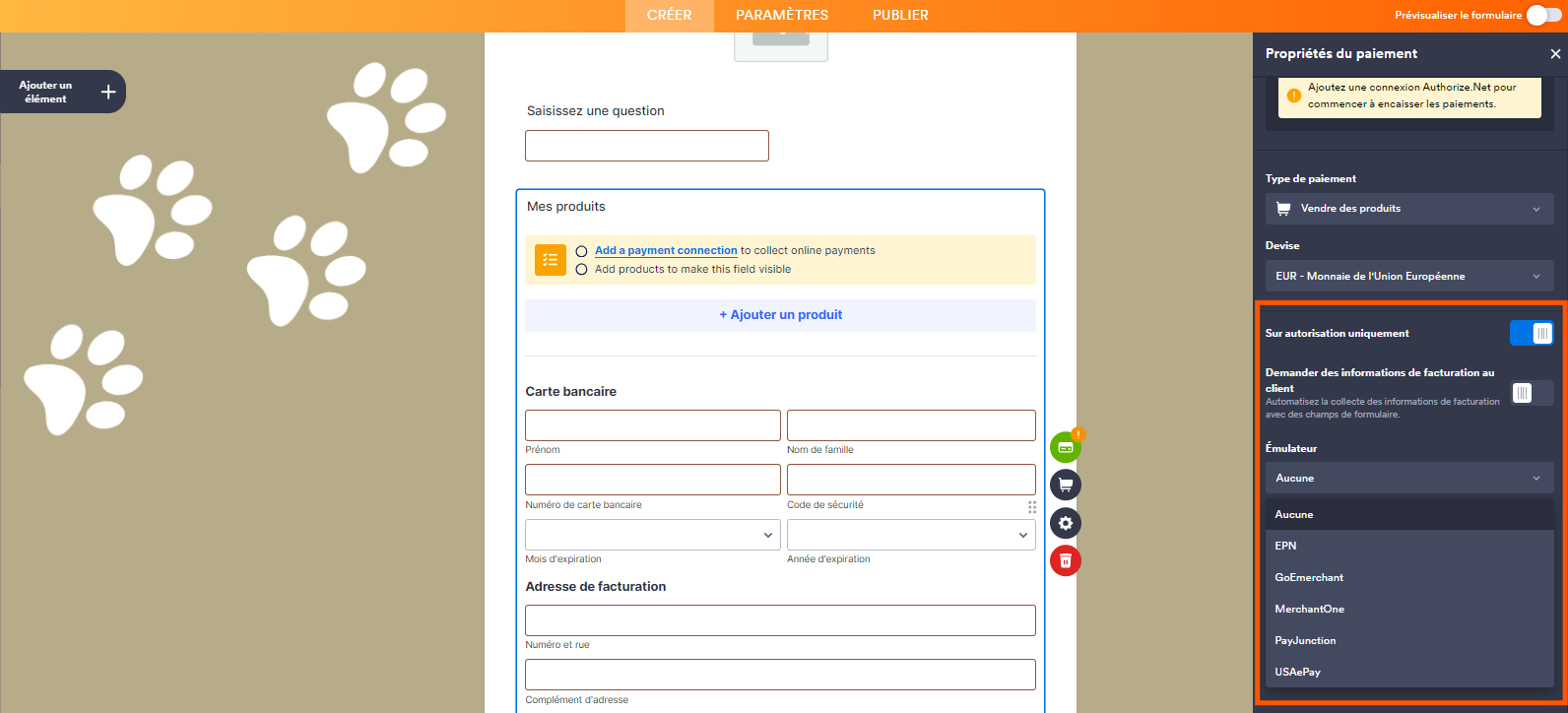 Capture d'écran du formulaire avec un encadré autour des paramètres des émulateurs d'intégration d'Authorize