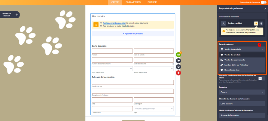 Capture d'écran du formulaire avec le menu déroulant du type de paiement de la section Propriétés de paiement dans le Générateur de formulaires Jotform