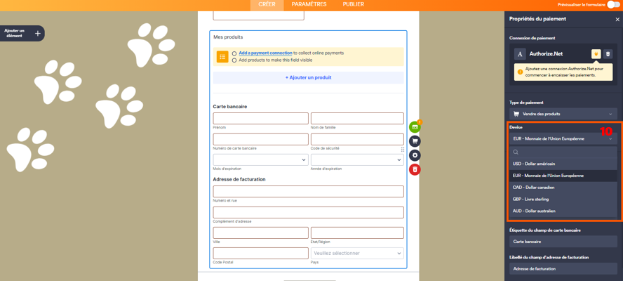 Capture d'écran avec un encadré autour du Menu déroulant Devises de la section Propriétés de paiement dans le Générateur de formulaires Jotform