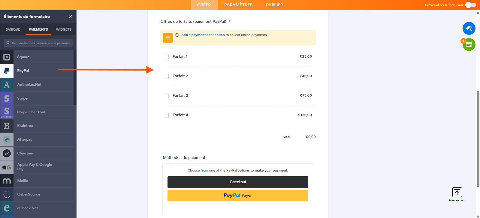Capture d'écran du formulaire de paiement avec une flèche depuis l'option PayPal dans l'onglet Paiement des Éléments de formulaire pointant vers cette option ajoutée au formulaire et proposant différents forfaits, dans le Générateur de formulaires Jotform
