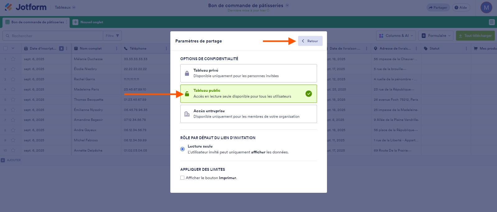 Capture d'écran d'un tableau Jotform avec la fenêtre modale Paramètres de partage, une flèche pointant vers Tableau public et une autre pointant vers le bouton Retour en haut à droite