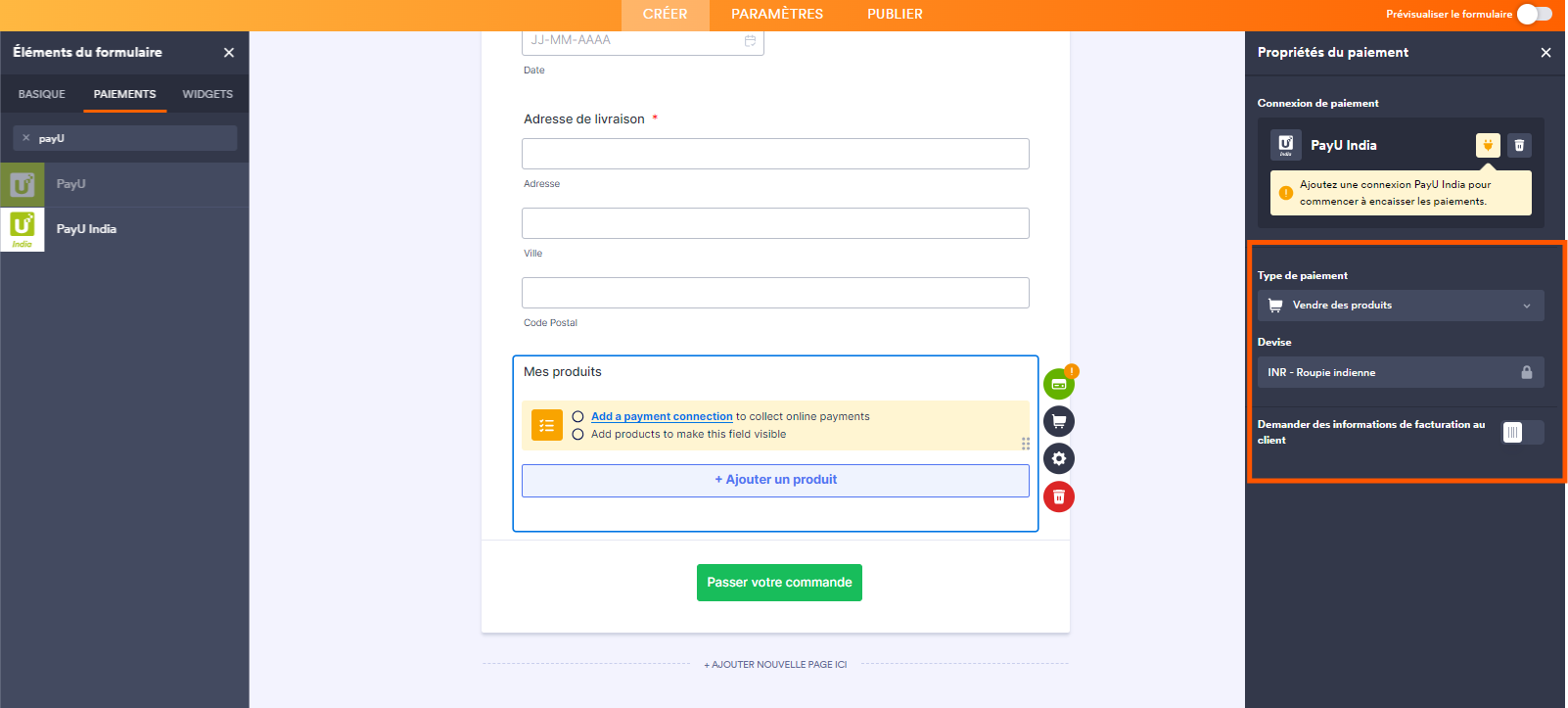 Capture d'écran d'un formulaire avec un encadré autour des paramètres Devise et Type de paiement dans le volet des Paramètres d'intégration de PayU Money dans le Générateur de formulaires de Jotform