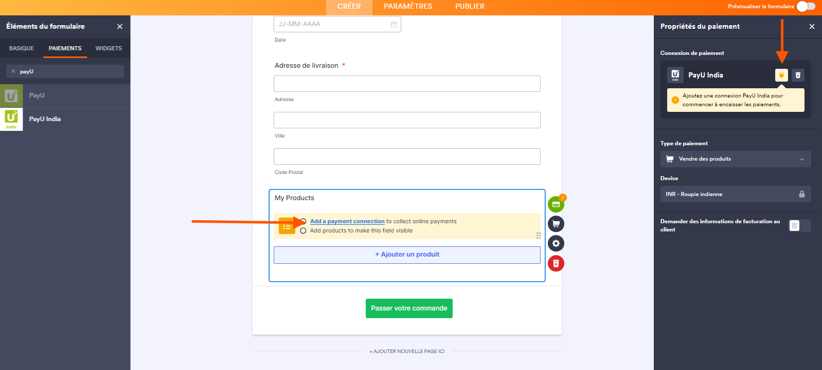 Capture d'écran d'un formulaire avec une flèche pointant vers l'icône de prise électrique dans le volet Propriétés du paiement à droite et une autre pointant vers le lien Add a payment connection dans l'intégration PayU Money dans le Générateur de formulaires de Jotform