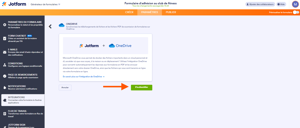 Capture d'écran de l'option d'intégration Jotform + OneDrive avec une flèche pointant vers le bouton S'authentifier dans le Générateur de formulaires Jotform