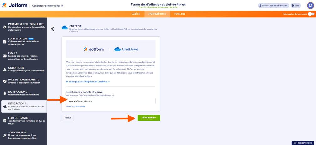 Capture d'écran de la configuration de l'intégration OneDrive avec une flèche pointant vers la sélection d'un compte existant et une autre vers le bouton S'authentifier dans le Générateur de formulaires Jotform