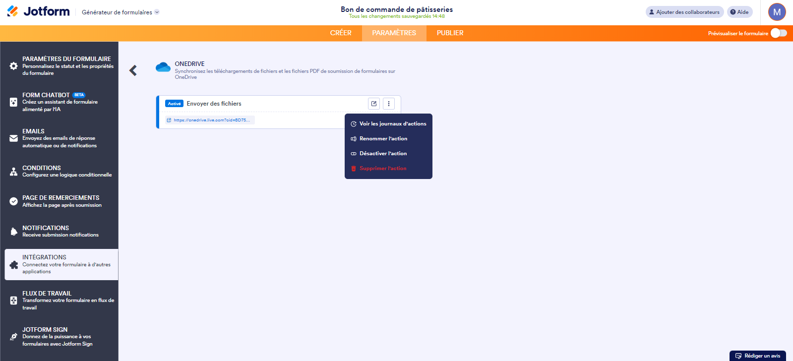Capture d'écran de la configuration de l'intégration Onedrive avec le lien vers OneDrive et le menus des options pour ce lien dans le Générateur de formulaires Jotform