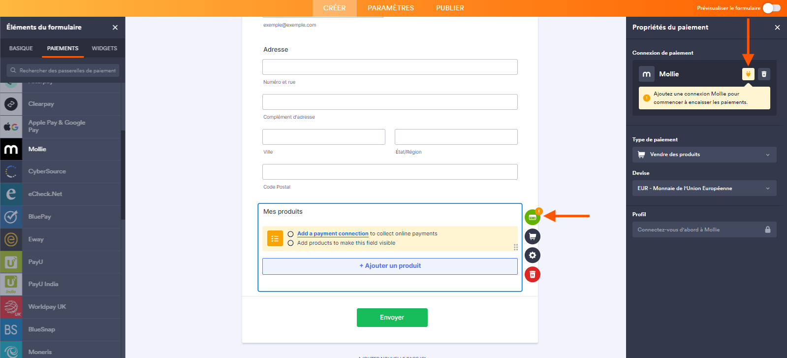 Capture d'écran d'un formulaire avec une flèche pointant vers l'icône de carte bancaire pour ouvrir le volet Propriétés du paiement et une autre pointant vers la prise électrique pour  connecter Mollie dans le Générateur de formulaires Jotform