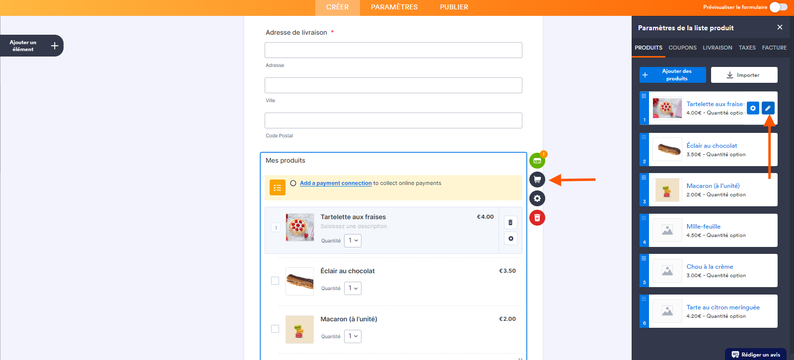 Capture d'écran de la section Mes produits dans un formulaire avec une flèche pointant vers l'icône de caddie et une autre vers l'icône de crayon dans un des produits listés, dans le Générateur de formulaires Jotform