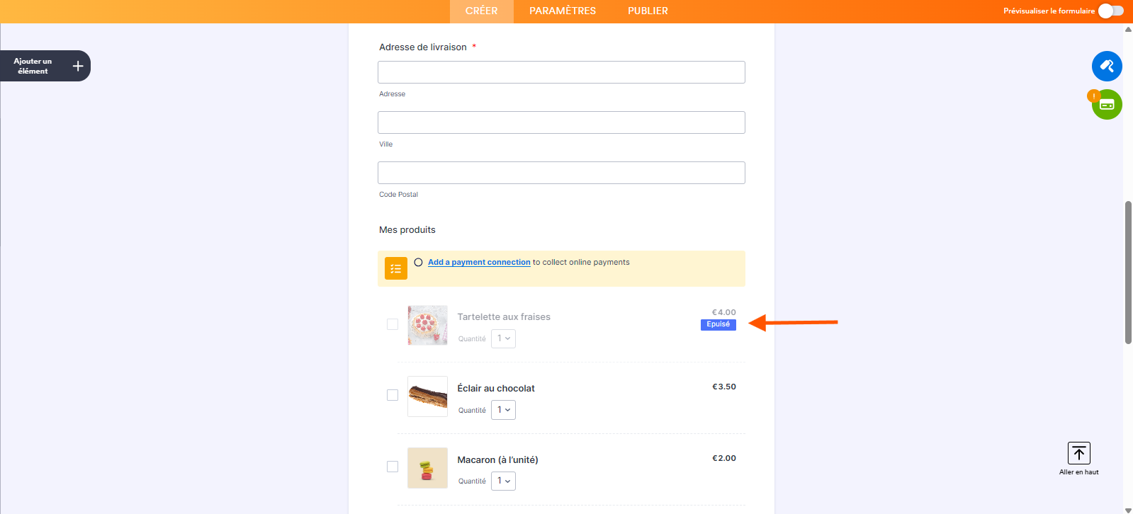 Capture d'image de la section Mes produits dans un formulaire avec une flèche pointant vers le badge Épuisé, dans le Générateur de formulaires de Jotform