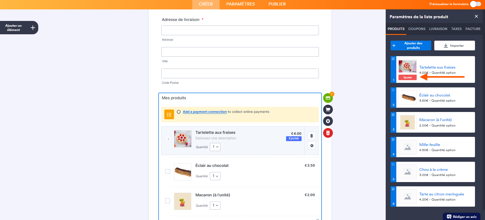 Capture d'écran du volet Paramètres de la liste de produit avec une flèche pointant vers le badge Epuisé du produit dont le stock doit être mis à jour, dans le Générateur de formulaires de Jotform