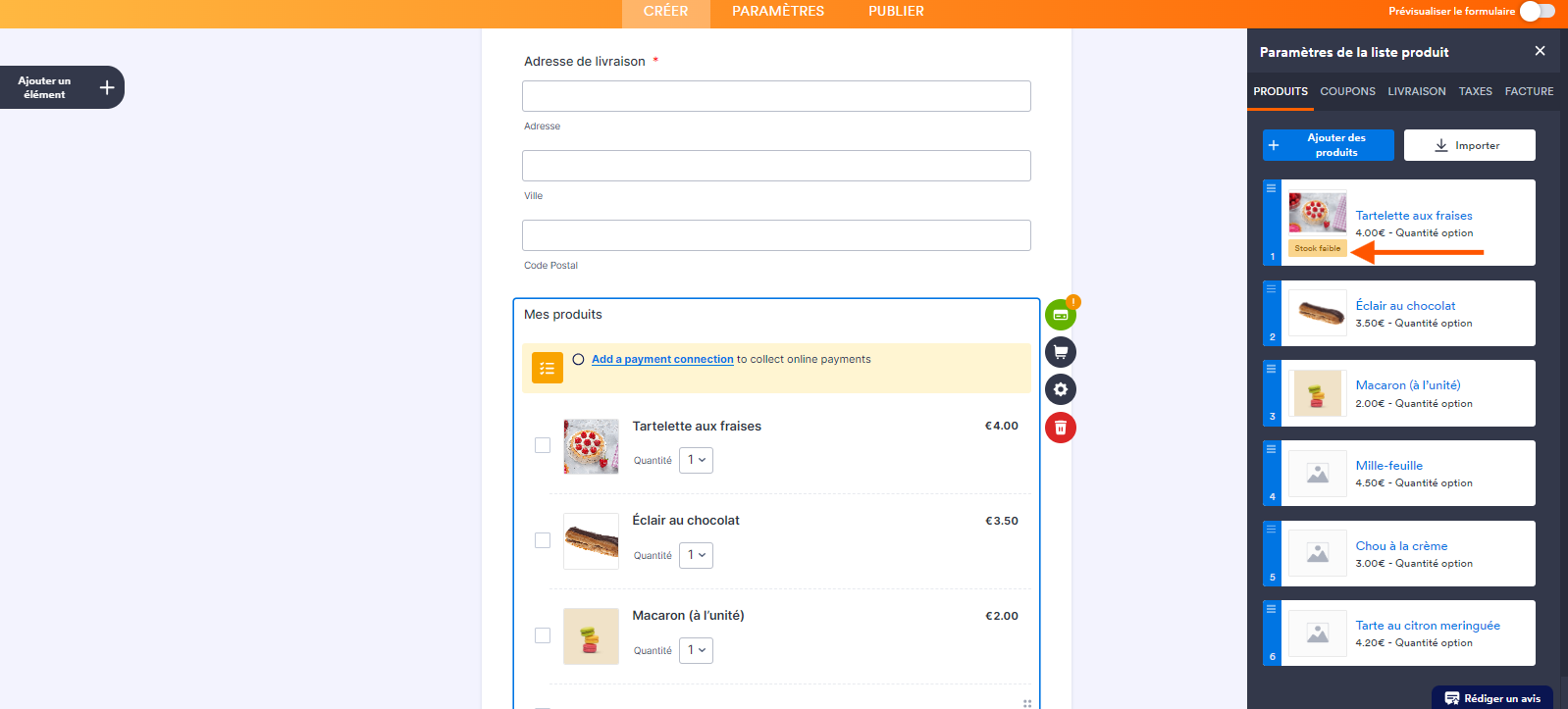 Capture d'écran du volet Paramètres de la liste de produits avec une flèche pointant vers le badge Stock faible qui apparaît sous l'image du produit concerné, dans le Générateur de formulaires de Jotform