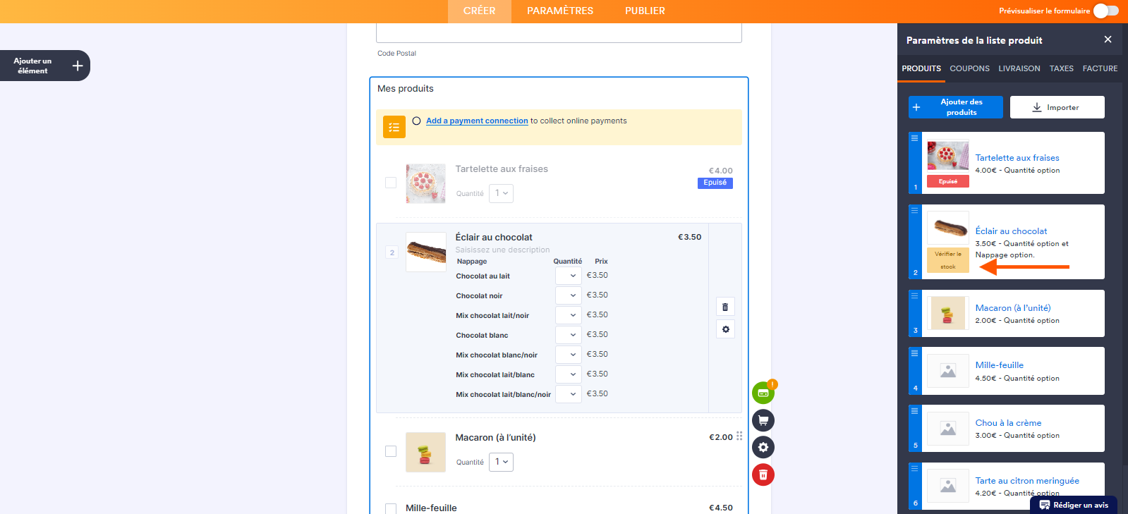 Capture d'écran du volet Paramètres de la liste de produits avec une flèche pointant vers le badge Vérifier dans le Générateur de formulaires de Jotform