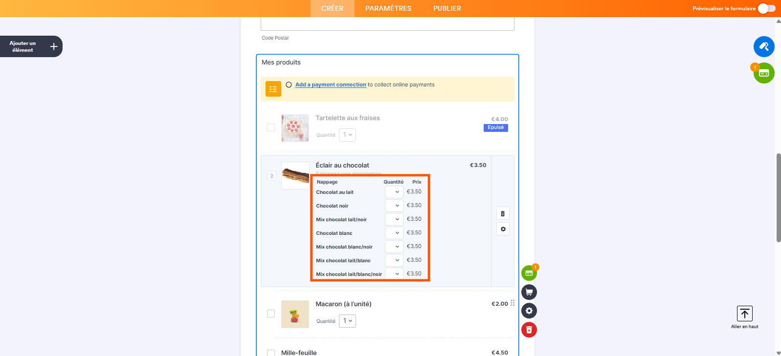 Capture d'écran avec un produit et des sous-produits et des quantités encadrés qui ne sont pas accessibles car le produit est épuisé en stock, dans le Générateur de formulaires de Jotform