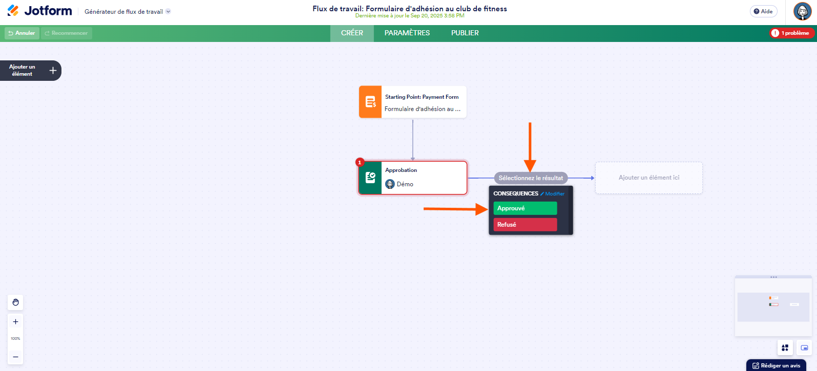 Capture d'écran d'un flux de travail avec une ligne de flux partant de l'élément Approbation avec une flèche pointant vers le bouton Sélectionner un résultat et une autre flèche pointant vers le menu ouvert montrant les options Approuvé et Refusé dans les Flux de travail Jotform