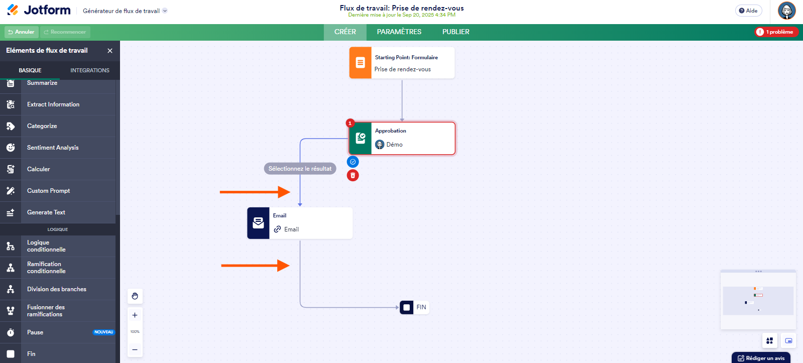 Capture d'écran d'un flux de travail avec un élément Approbation relié à un élément Email lui-même relié à un élément Fin avec une flèche pointant vers la première connexion et une autre flèche pointant vers la seconde connexion dans les Flux de travail Jotform
