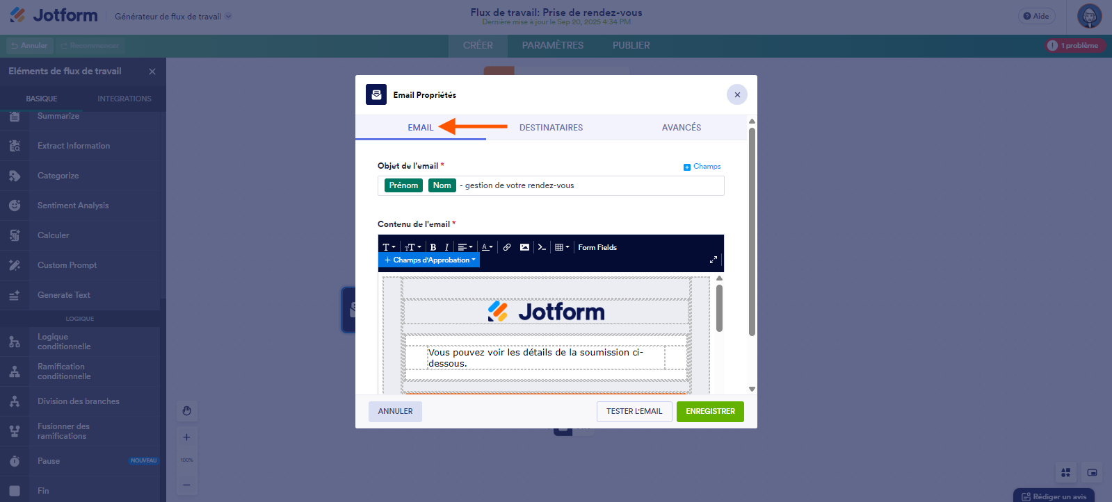 Capture d'écran de la fenêtre modale Propriétés de l'élément Email avec les configurations possibles, dans les Flux de travail Jotform