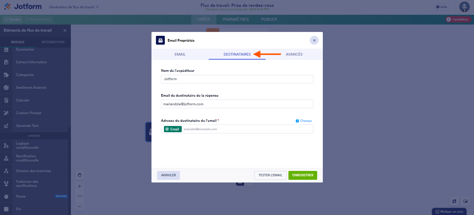 Capture d'écran de la fenêtre modale Propriétés de l'élément Email avec un flèche pointant vers l'onglet Destinataires et montrant les différentes configuration possibles pour cet onglet dans les Flux de travail Jotform